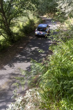 Ourense, İspanya, 13 Haziran 2025: Yüksek açı, asfalt yol manzarası yoğun bir şekilde yemyeşil bitki örtüsüyle kaplı..