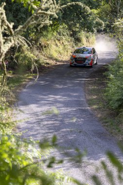 Ourense, İspanya, 13 Haziran 2025: Görüntü dar, dolambaçlı bir yolda bir ralli arabası gösteriyor. Yol yemyeşil bitkilerle çevrili..