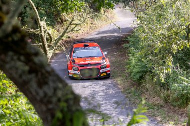 Ourense, İspanya, 13 Haziran 2025: Görüntü, dar, dolambaçlı bir dağ yolunda keskin bir dönüş yapan canlı turuncu bir rali arabası sergiliyor.