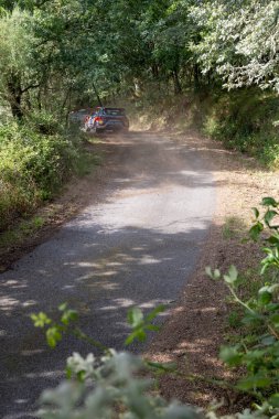 Ourense, İspanya, 13 Haziran 2025: Görüntü, yoğun ve alçak bitki örtüsünü kesen tozlu bir yolun yüksek açılı, uzun bir görüntüsünü sunuyor..