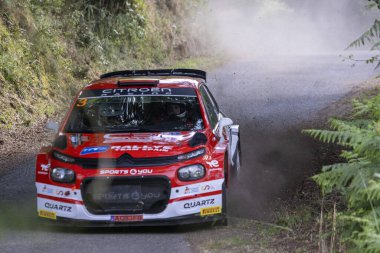 Ourense, İspanya, 13 Haziran 2025: Yeşillik yeşilliklerle çevrili dar toprak bir yolda keskin bir dönüş yapan bir ralli aracının yakın görüntüsü.