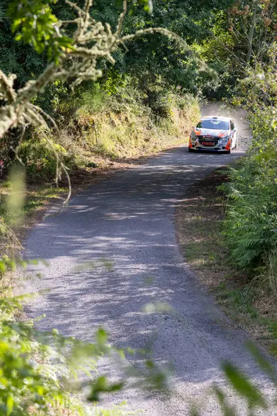 Ourense, İspanya, 13 Haziran 2025: Görüntü dar bir asfalt yolda keskin bir dönüş yapan ralli aracının düşük açılı, uzun bir görüntüsünü sergiliyor.