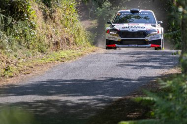 Ourense, İspanya, 13 Haziran 2025: Görüntü, sağa doğru keskin bir şekilde kıvrılan dar bir asfalt yolda hareket eden bir ralli aracının düşük açılı ve dinamik bir görüntüsünü gösteriyor..