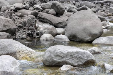 Görüntü, sığ bir nehir yatağını yakından gösteriyor. Bileşim çeşitli büyüklükteki gri ve koyu gri kayaların kısmen berrak ve sığ sulara gömülmesine odaklanıyor. Kayalar.