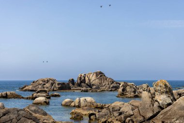 Arka planda büyük bir su kütlesi olan kayalık bir kıyı şeridi. Kıyı boyunca dağılan kayalar engebeli ve doğal bir manzara yaratıyor. Su sakin görünüyor..