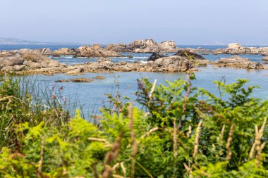 Kayalık bir kıyı şeridi ve suya giden küçük bir patika. Su sakin ve mavi.