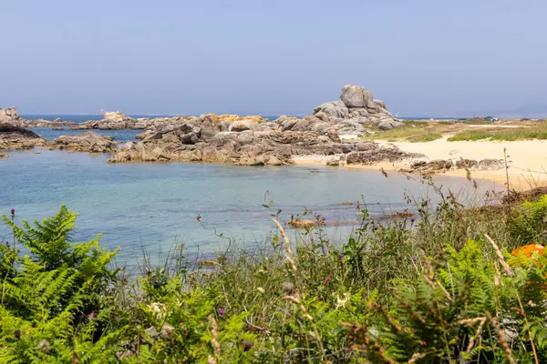 Kayalık bir kıyı şeridi ve suya giden küçük bir patika. Su sakin ve mavi.