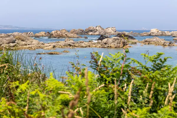 Kayalık bir kıyı şeridi ve suya giden küçük bir patika. Su sakin ve mavi.