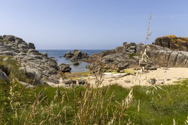 Önünde küçük bir su kütlesi olan kayalık bir sahil. Plaj çoğunlukla çimlerle kaplıdır ve bazı kayalar etrafa saçılmıştır. Gökyüzü açık ve mavidir ve güneş ışıl ışıl parlar.