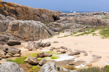 Arka planda bir su kütlesi olan kayalık bir kıyı şeridi. Kayalar bölgenin dört bir yanına dağılmış, bazıları daha büyük, bazıları daha küçük. Huzurlu ve huzurlu bir sahne..