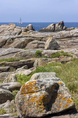 Bir yelkenli okyanusta kayaların yanında seyrediyor. Gökyüzü açık ve su sakin.