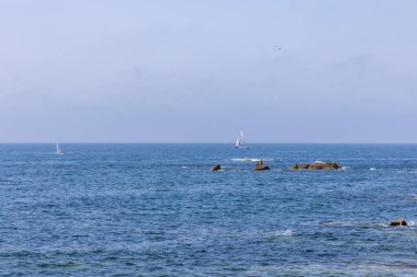 Bir yelkenli okyanusta kayaların yanında seyrediyor. Gökyüzü açık ve su sakin.