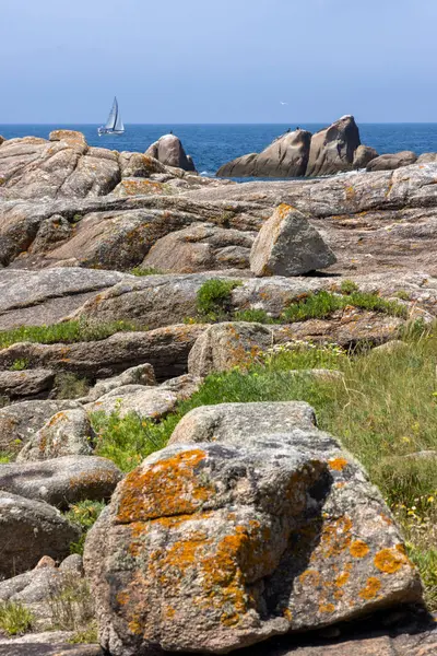 Bir yelkenli okyanusta kayaların yanında seyrediyor. Gökyüzü açık ve su sakin.
