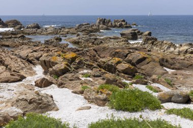 Uzakta teknesi olan kayalık bir kıyı şeridi. Kayalar dağılmış ve su sakin.
