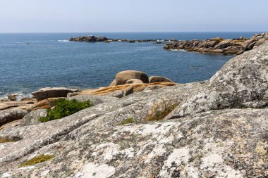 Arka planda bir su kütlesi olan kayalık bir kıyı şeridi. Su sakin ve gökyüzü berrak.