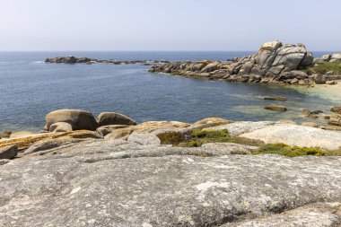 Arka planda bir su kütlesi olan kayalık bir kıyı şeridi. Su sakin ve gökyüzü berrak.