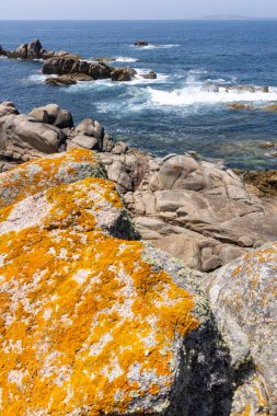 Arka planda sakin bir okyanus olan kayalık bir kıyı şeridi. Kayalar sahile dağılmış, engebeli ve doğal bir manzara yaratıyorlar. Huzur ve sükunet kavramı