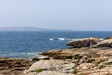 Arka planda su bulunan kayalık bir sahil. Kumsal çimen ve kayalarla kaplı.