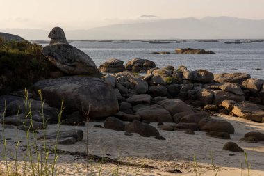Önünde büyük bir kaya olan kayalık bir sahil ve arka planda midye çiftlikleri plaj boş ve gökyüzü bulutlu.