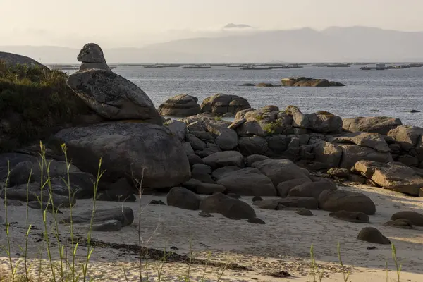 Önünde büyük bir kaya olan kayalık bir sahil ve arka planda midye çiftlikleri plaj boş ve gökyüzü bulutlu.