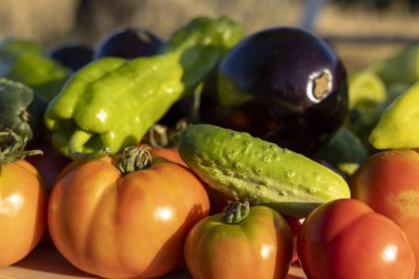 Masada domates, salatalık ve biber gibi çeşitli sebzeler sergilenir. Bereket ve tazelik kavramı, sebzeler olgunlaşmış ve yenmeye hazır.