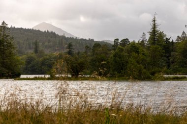 Arka planda dağ olan bir göl. Su sakin ve gökyüzü bulutlu.
