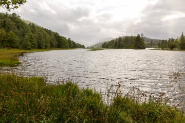Arkasında bulutlu bir gökyüzü olan bir göl. Su sakin ve hareketsiz. Gökyüzü bulutlu, ortama huzurlu ve huzurlu bir atmosfer veriyor.