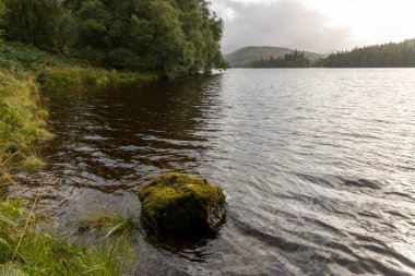 Büyük bir kaya gölün ortasında oturur. Su sakin ve hareketsiz, dalgalanma ya da dalgalanma yok. Huzurlu ve huzurlu bir sahne.