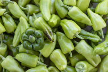 Bir demet yeşil biber üst üste yığılmış. Biberlerin hepsi farklı boyutlarda ve şekillerde.