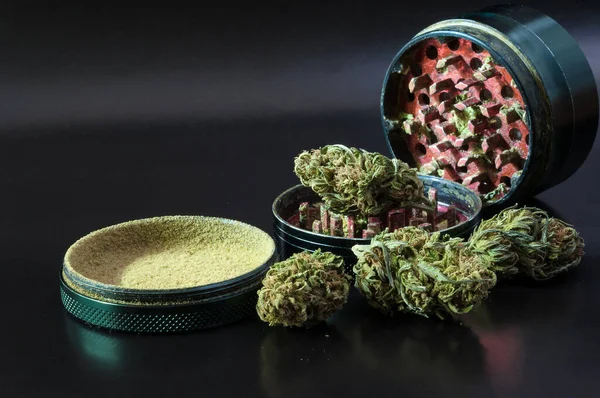 Herb Grinder Full Cannabis Pollen Surrounded Dry Flowers Medical Marijuana Stock Photo