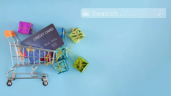 Trolley Auf Blauem Hintergrund Mit Suchleiste Und Kopierraum Produkt Auf — Stockfoto