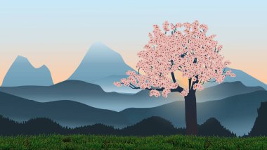 Sakura ağaçlı manzara dağları