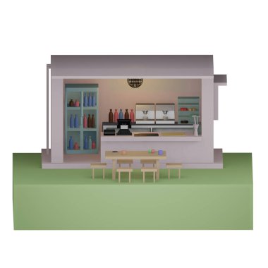 3D şirin, minimal kahve dükkanı
