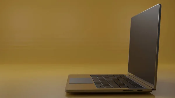 Laptop Żółtym Stole — Zdjęcie stockowe