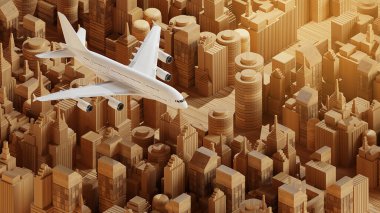 Şehrin üstündeki uçak ile ahşap şehir manzarası kavramını 3D rendeleme.