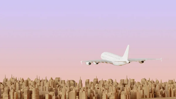3D都市の上の飛行機と木製の街並みのコンセプトをレンダリングします — ストック写真