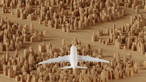 Şehrin Üstündeki Uçak Ile Ahşap Şehir Manzarası Kavramını Rendeleme — Stok fotoğraf