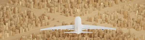 Şehrin Üstündeki Uçak Ile Ahşap Şehir Manzarası Kavramını Rendeleme — Stok fotoğraf