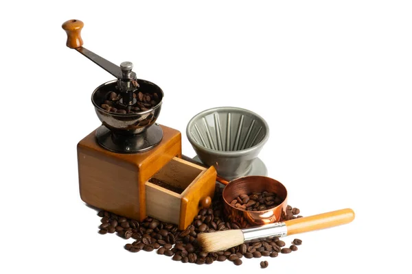 Dřevěný Mlýnek Kávu Kávovým Zrnem Pozadí — Stock fotografie