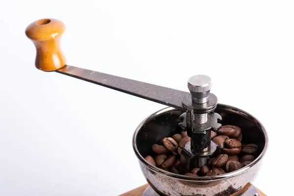 Ξύλινη Μηχανή Μύλος Καφέ Φόντο Κόκκων Καφέ — Φωτογραφία Αρχείου