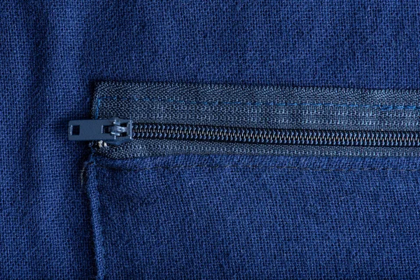 Détail Gros Plan Zip Sur Tissu Bleu — Photo