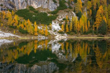 Fevkalade manzara ve Federa Gölü 'nün sonbahardaki yansıması, Dolomite İtalya.