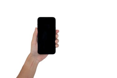 Erkeğin eli akıllı telefonu tutar, beyazı izole eder.