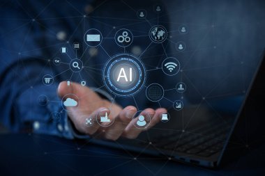 İşadamı, yapay zeka kullanır. İşçi işlerinde yapay zeka kullanır..