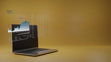 Laptop with candle stick floating on screen show uptrend of investiment growth