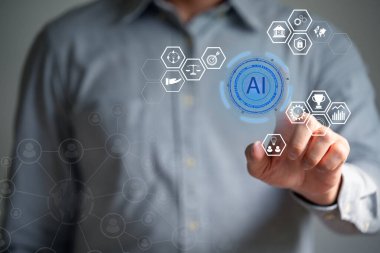 İş adamı yapay zeka kullanır. İş hayatında yapay zeka kullanır..