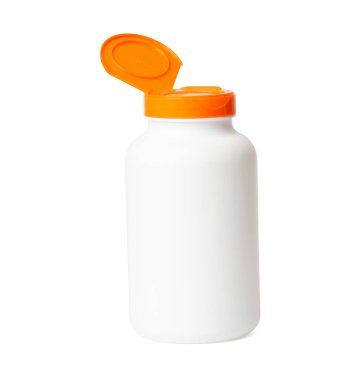 Tıbbi kapsül plastik şişesinin yüksek çözünürlüklü fotoğrafı.