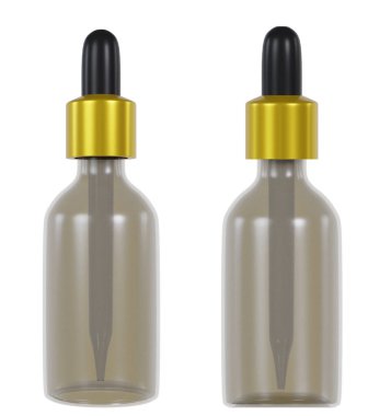 3 boyutlu kozmetik damlacık serumu şişesi, altın kapaklı, şeffaf cam