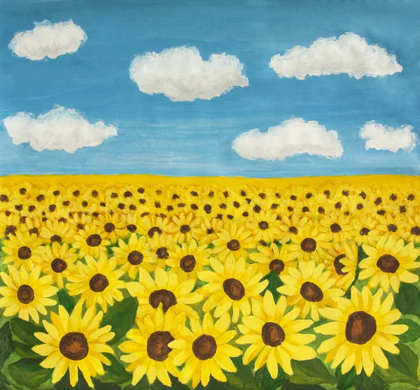 Field Sunflowers Blue Sky Clouds Acrylic Painting Canvas — Stock Photo, Image