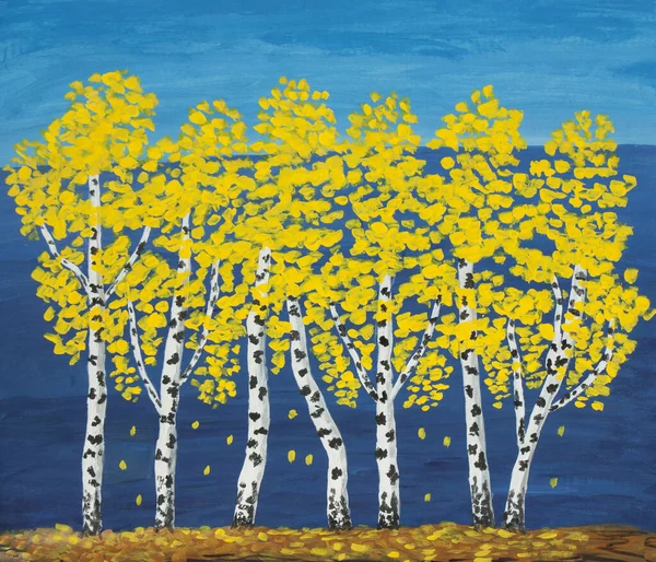 秋天的风景 海边的黄桦树 帆布上的丙烯酸画 — 图库照片